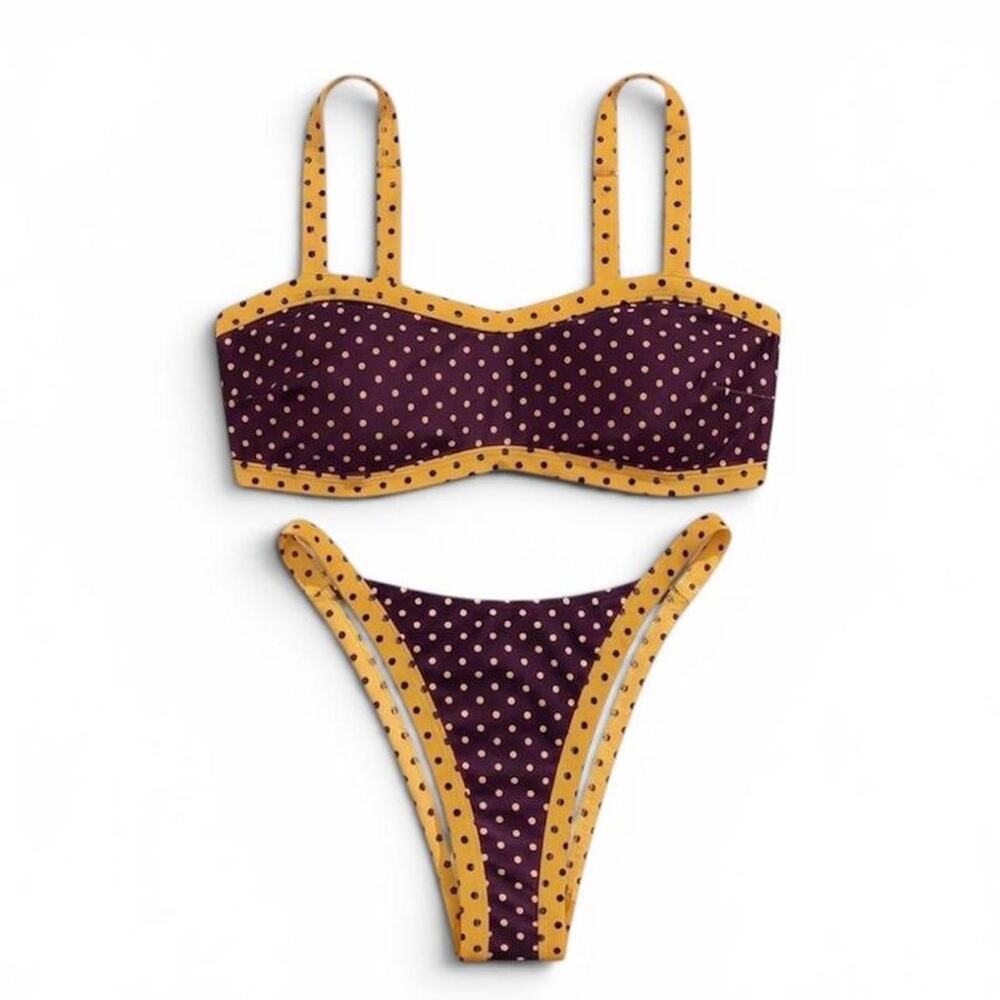Brown & Yellow Polka Dot Bikini Set Retro High Cut Contrast Trim Swimwear Small
